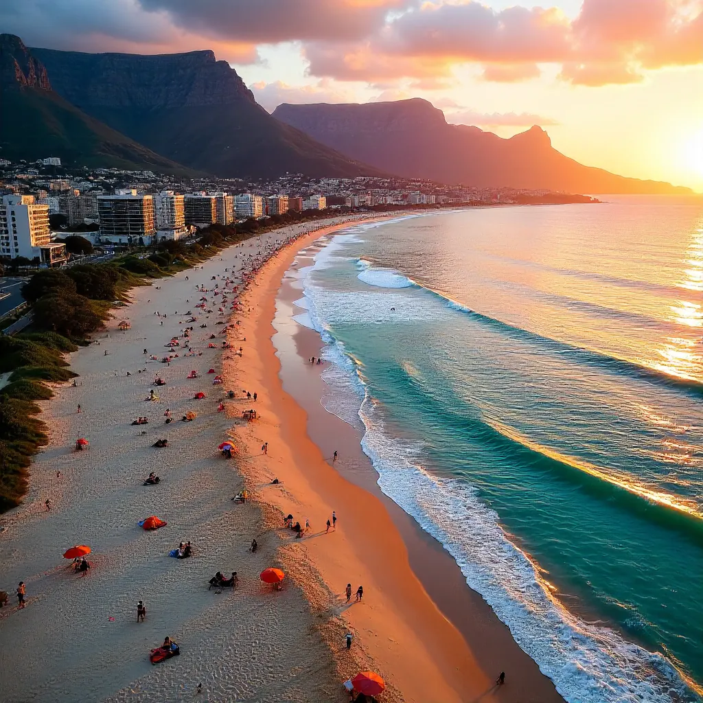 Aerial Sunset over Cape Town Beach
