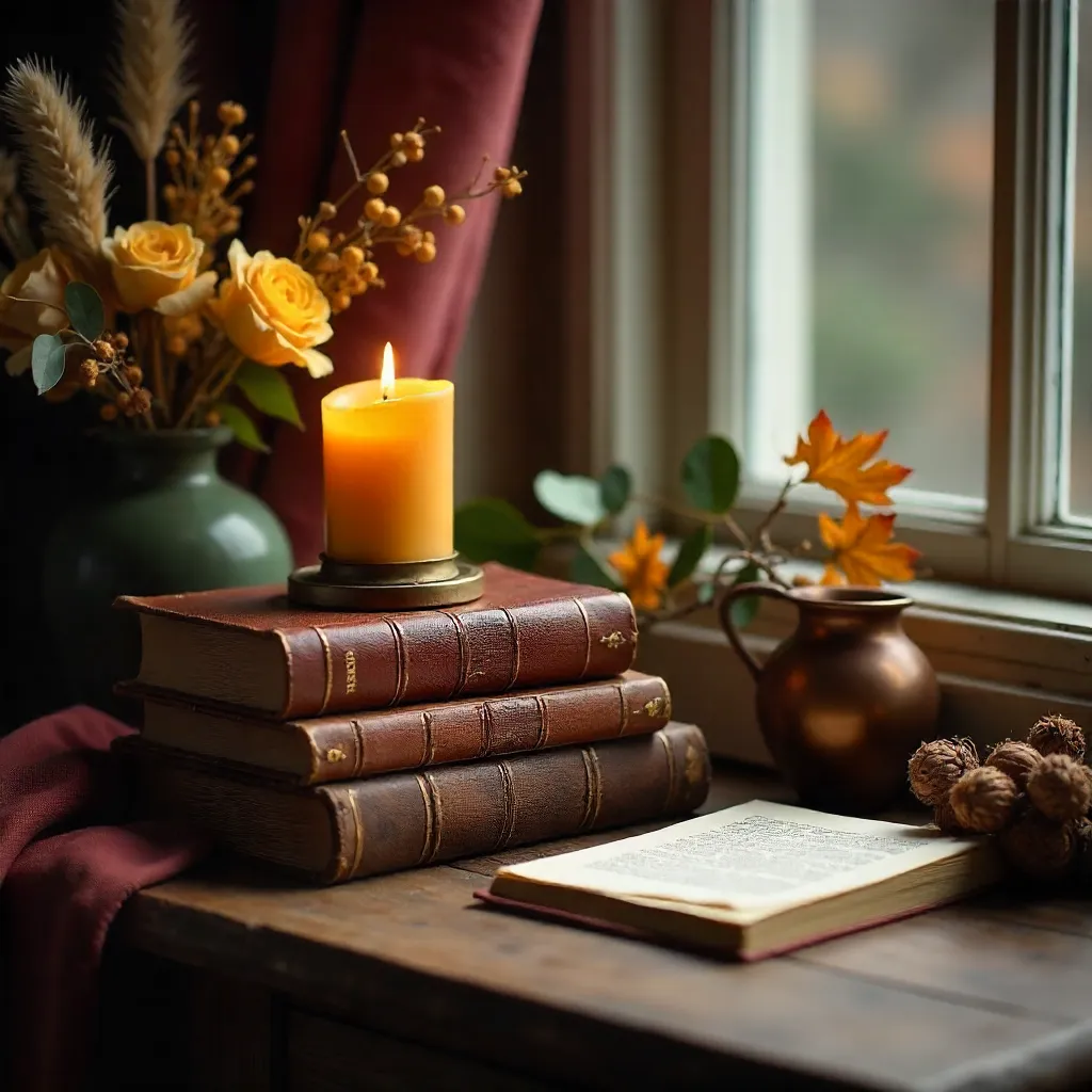 Cozy Autumn Still Life: Vintage Books and Candlelight