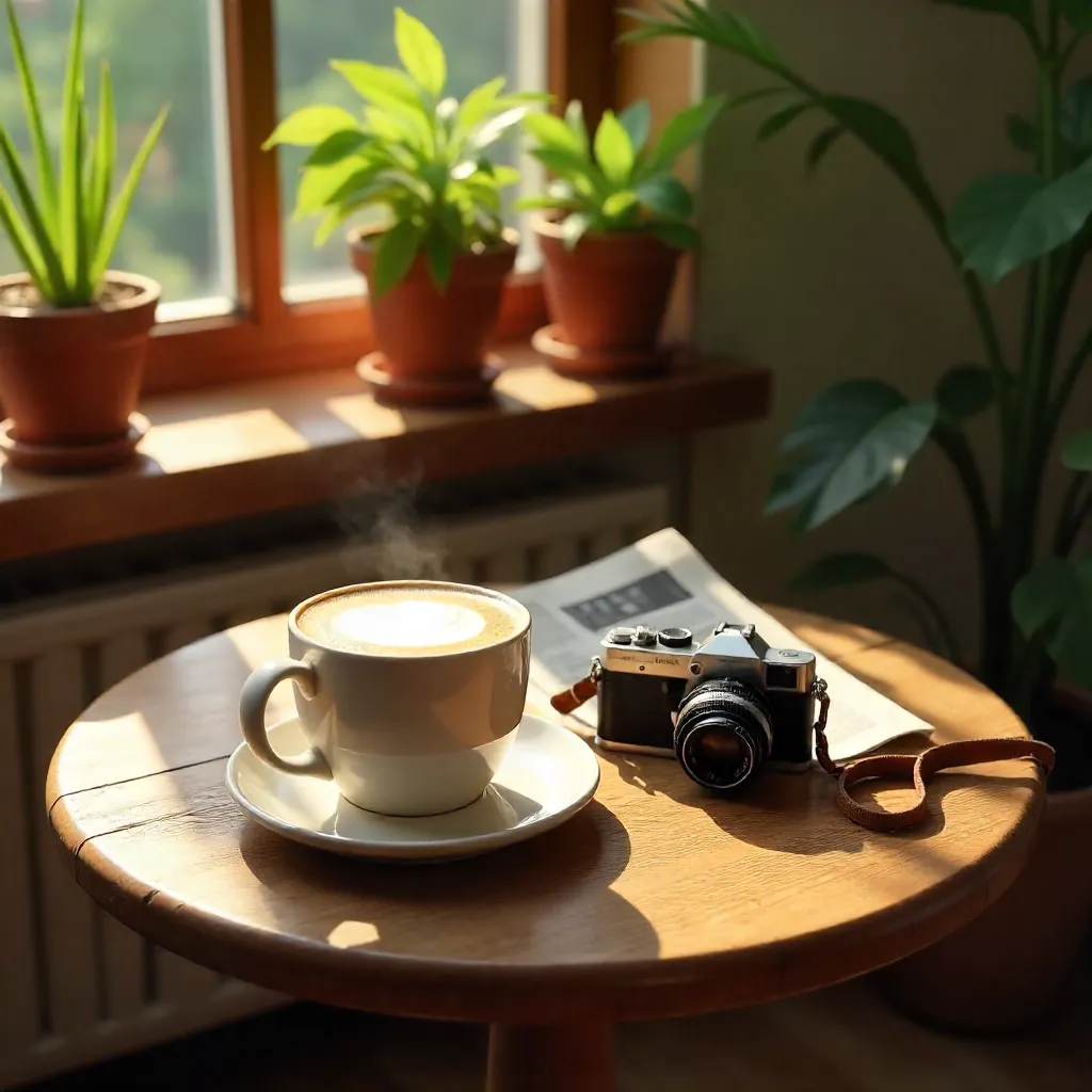 Cozy Round Table Still-Life: Latte, Camera, Plants