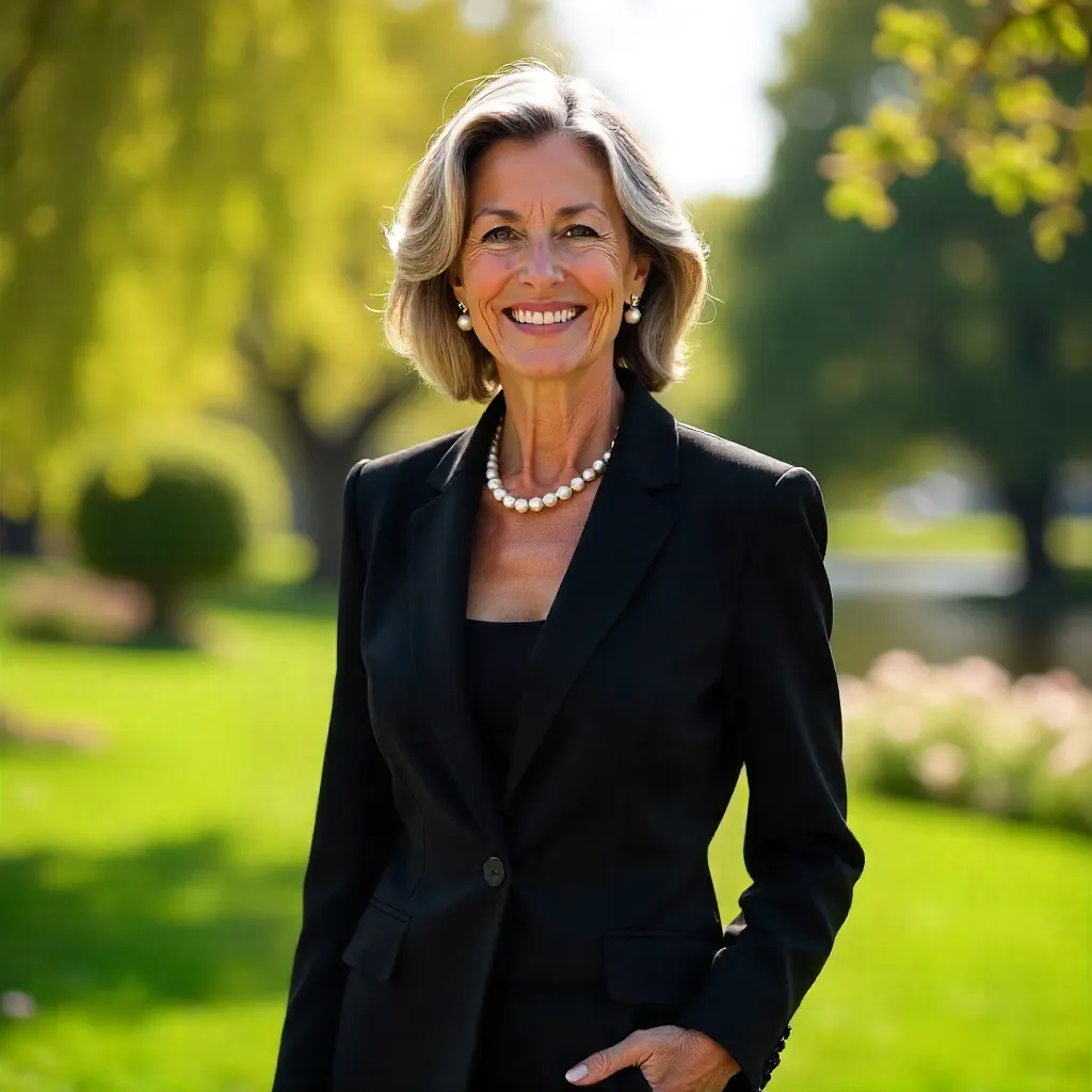 Elegant Gray-Haired Woman Outdoors in Black Suit