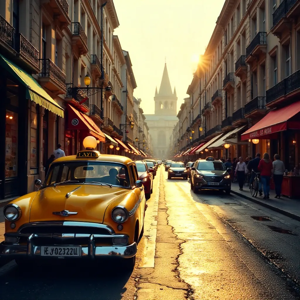 Vibrant Street with Historic Architecture and a Yellow Taxi