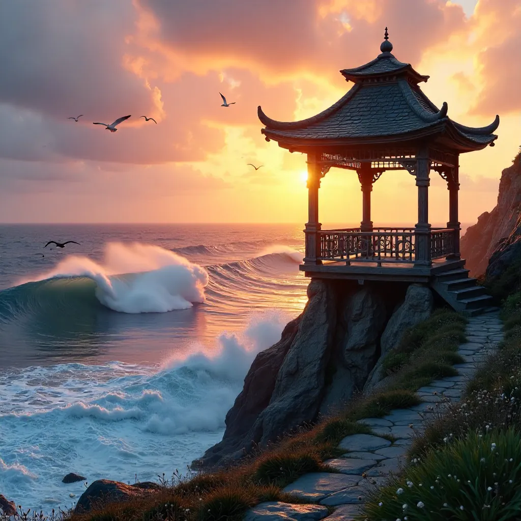 Sunset Gazebo Over Ocean Waves on a Coastal Cliff