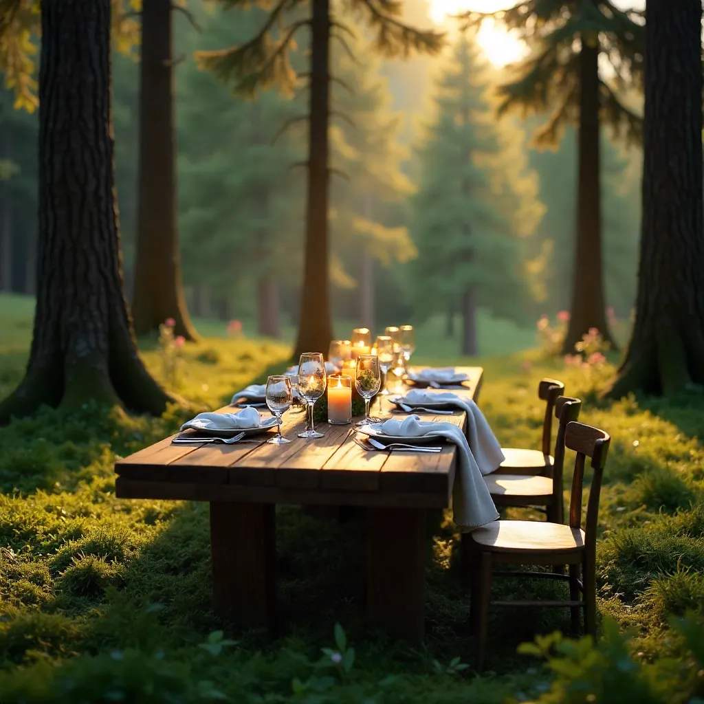 Serene Pine Forest Outdoor Dining Scene