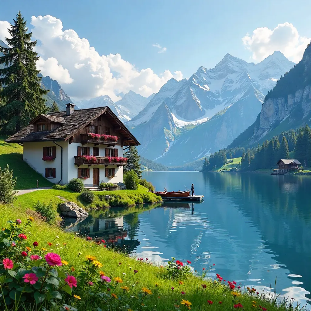 Lakeside Swiss Chalets Under Alpine Summer Light