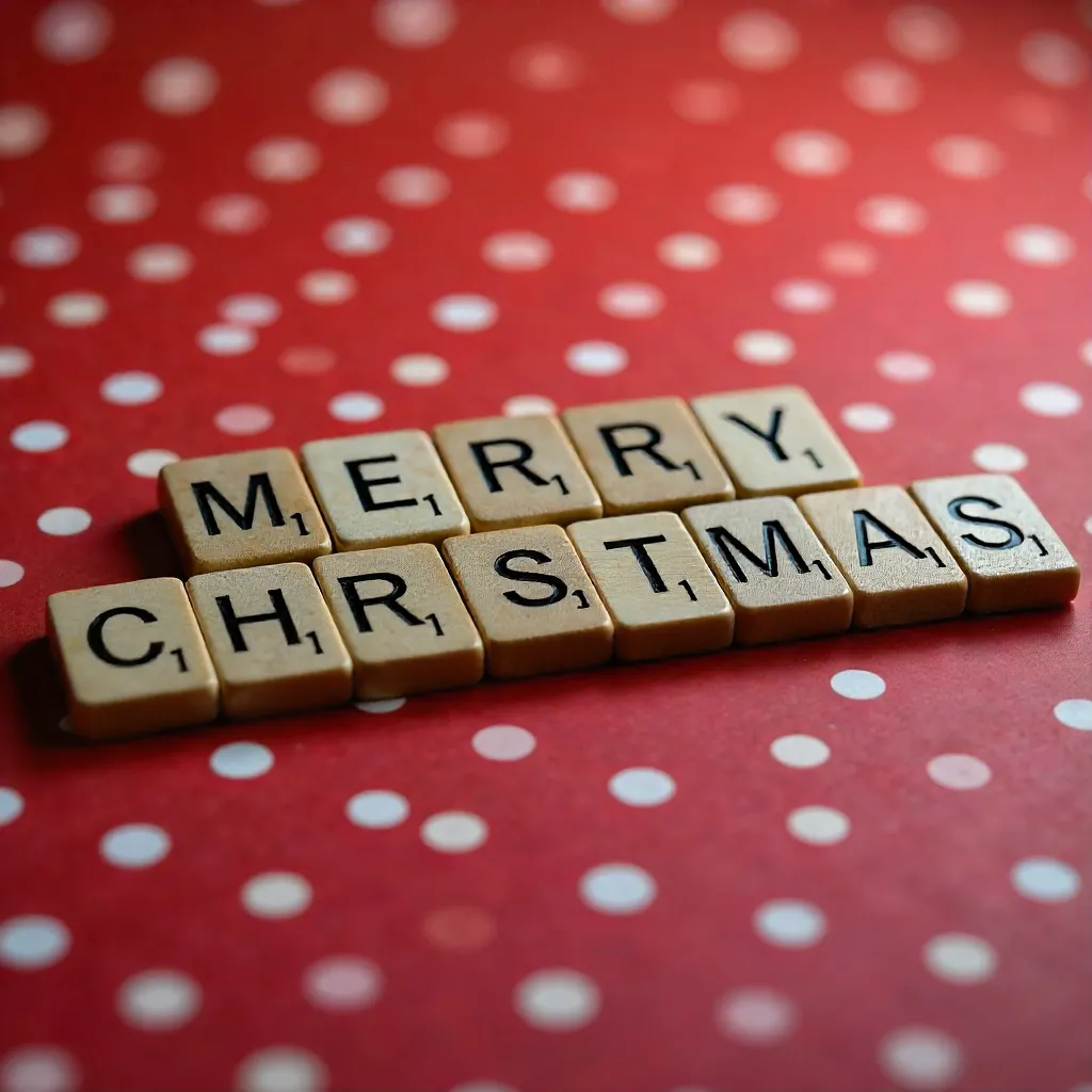 Merry Christmas Scrabble Tiles on Red Polka Dot