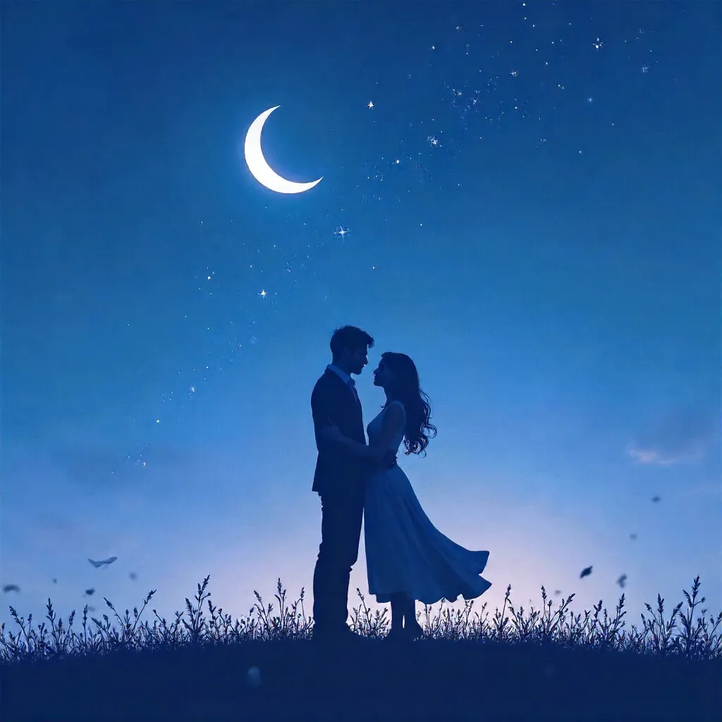 Moonlit Abstract Silhouette: Couple and Crescent Moon