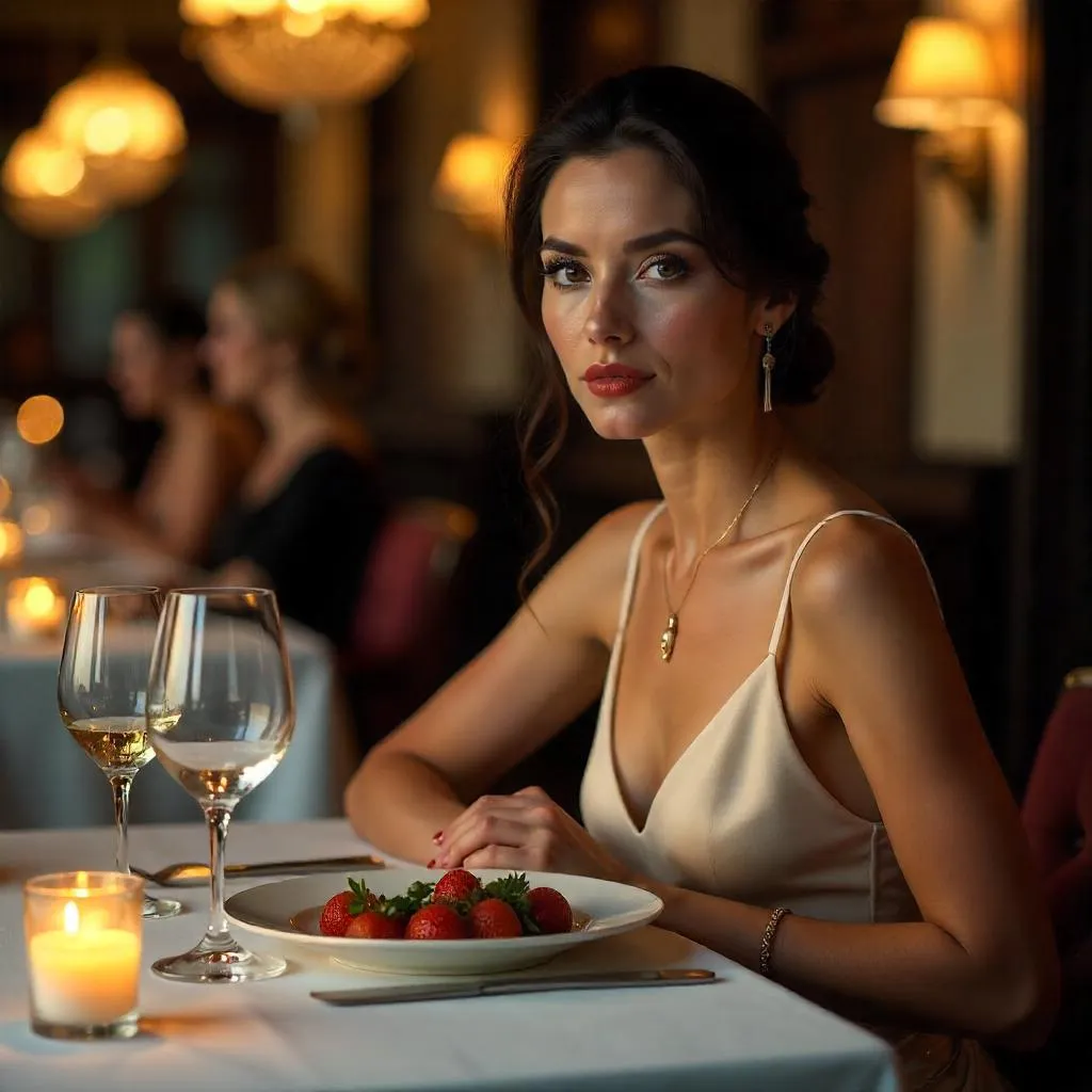 Elegant Caucasian Woman Dining in a Fine Restaurant