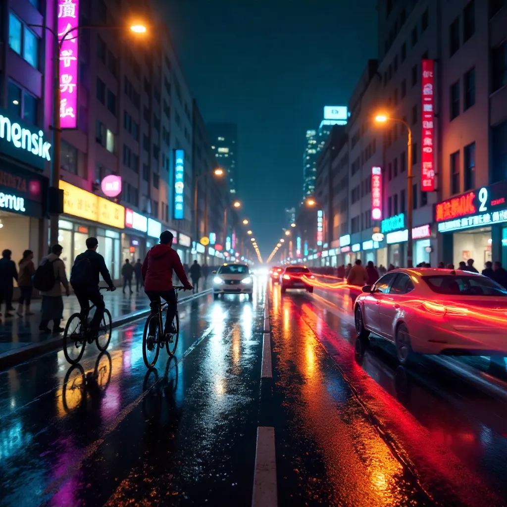 Dynamic Motion Blur of a Bustling Neon City Street
