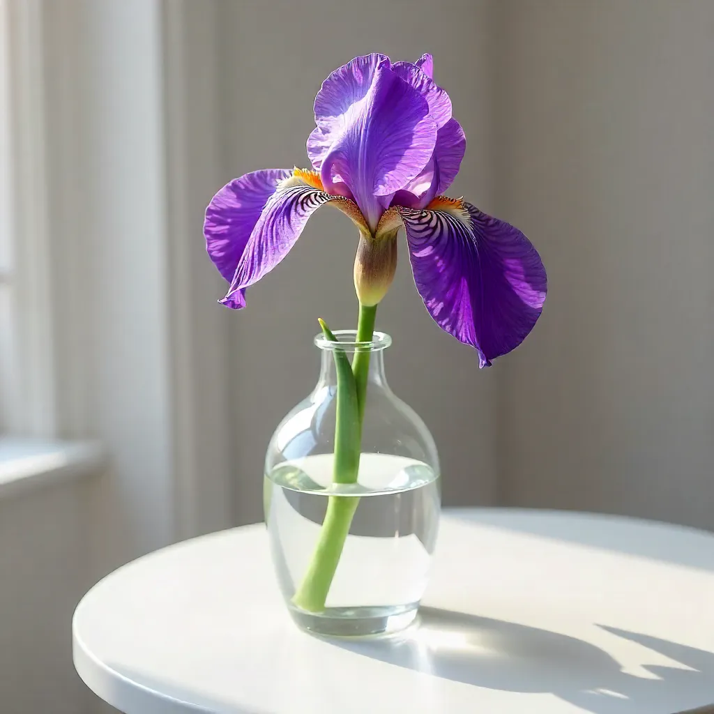 Elegant Purple Flower in Glass Vase on White Round Table
