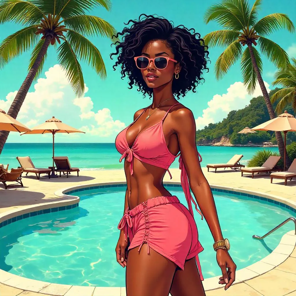 Comic Beach Queen: Black Woman at a Tropical Resort
