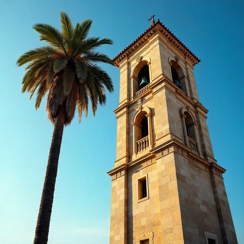 Historic Bell Tower and Tall Palm under Clear Sky