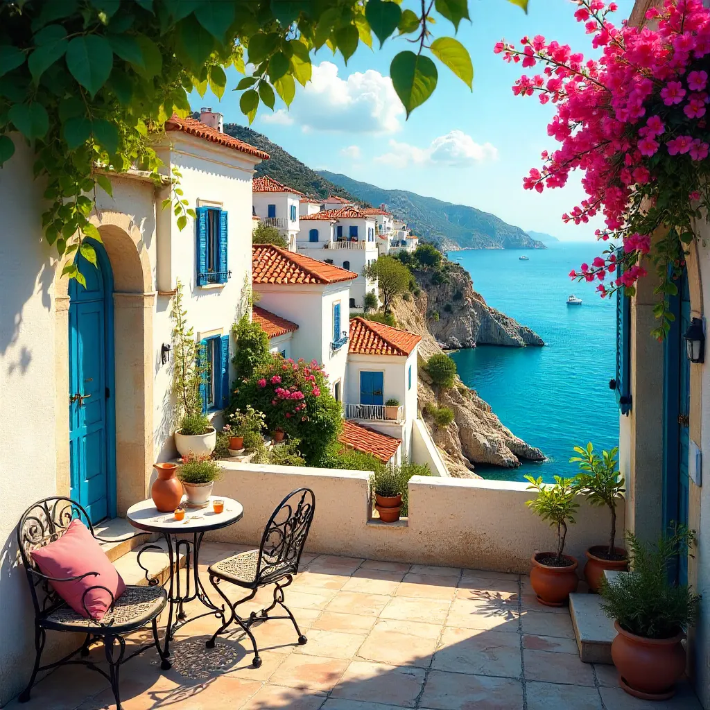 Sunlit Terrace Above a Mediterranean Village