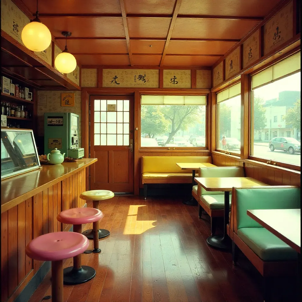 Retro-Chic Vintage Japanese Cafe Interior with Colorful Decor