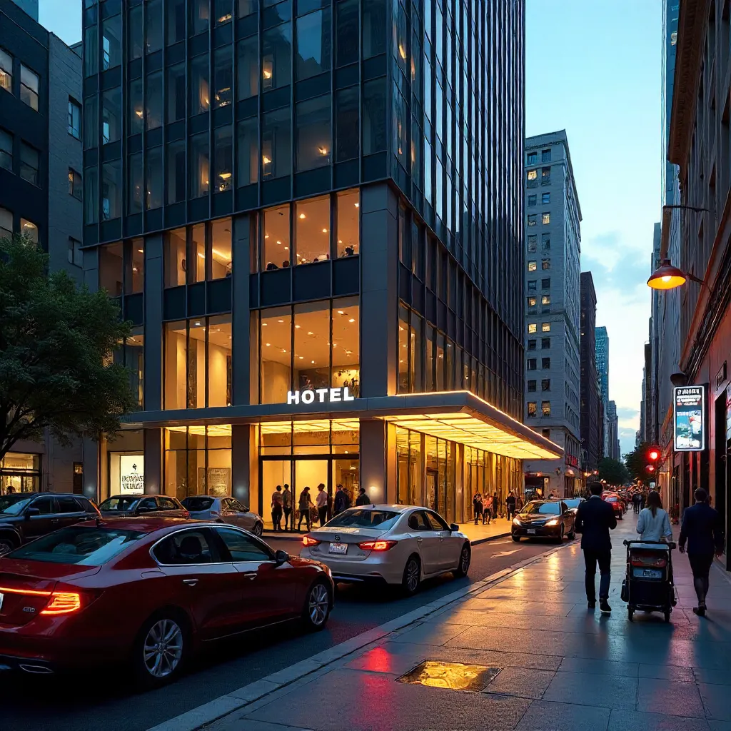 Evening Street View of a Modern City Hotel
