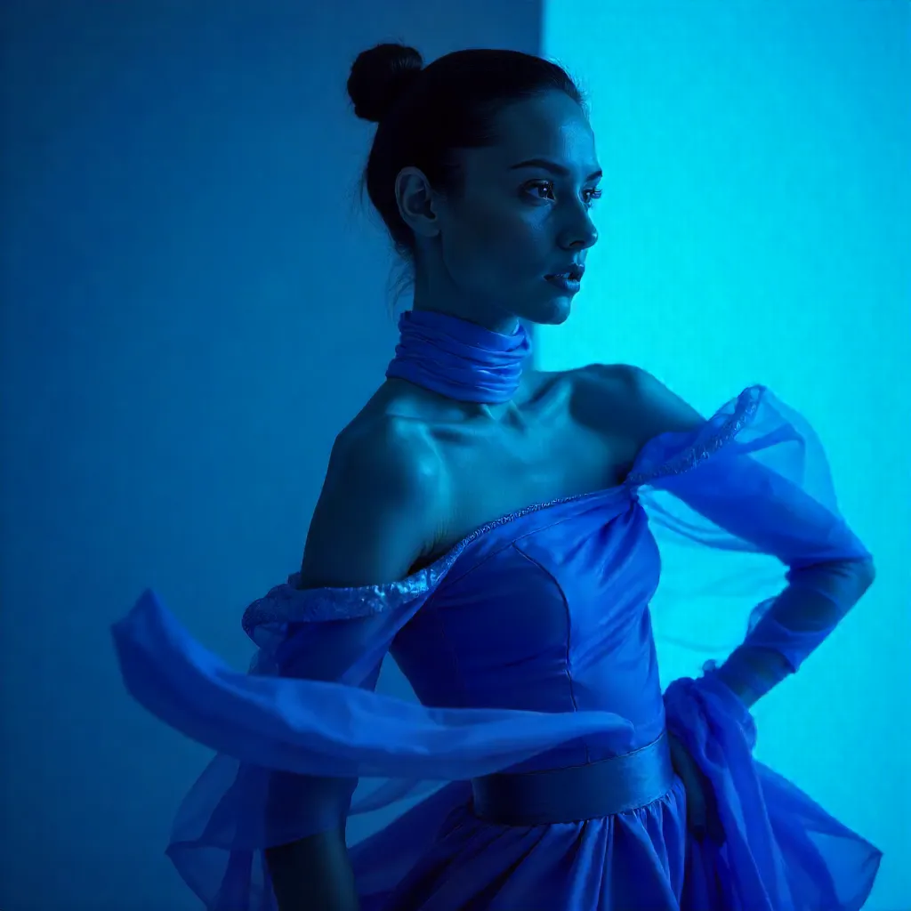 Blue-lit Studio Portrait of Artistic Fashion Poses
