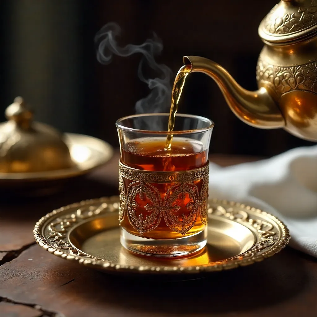 Pouring Middle Eastern Tea in Ornate Filigree Glass