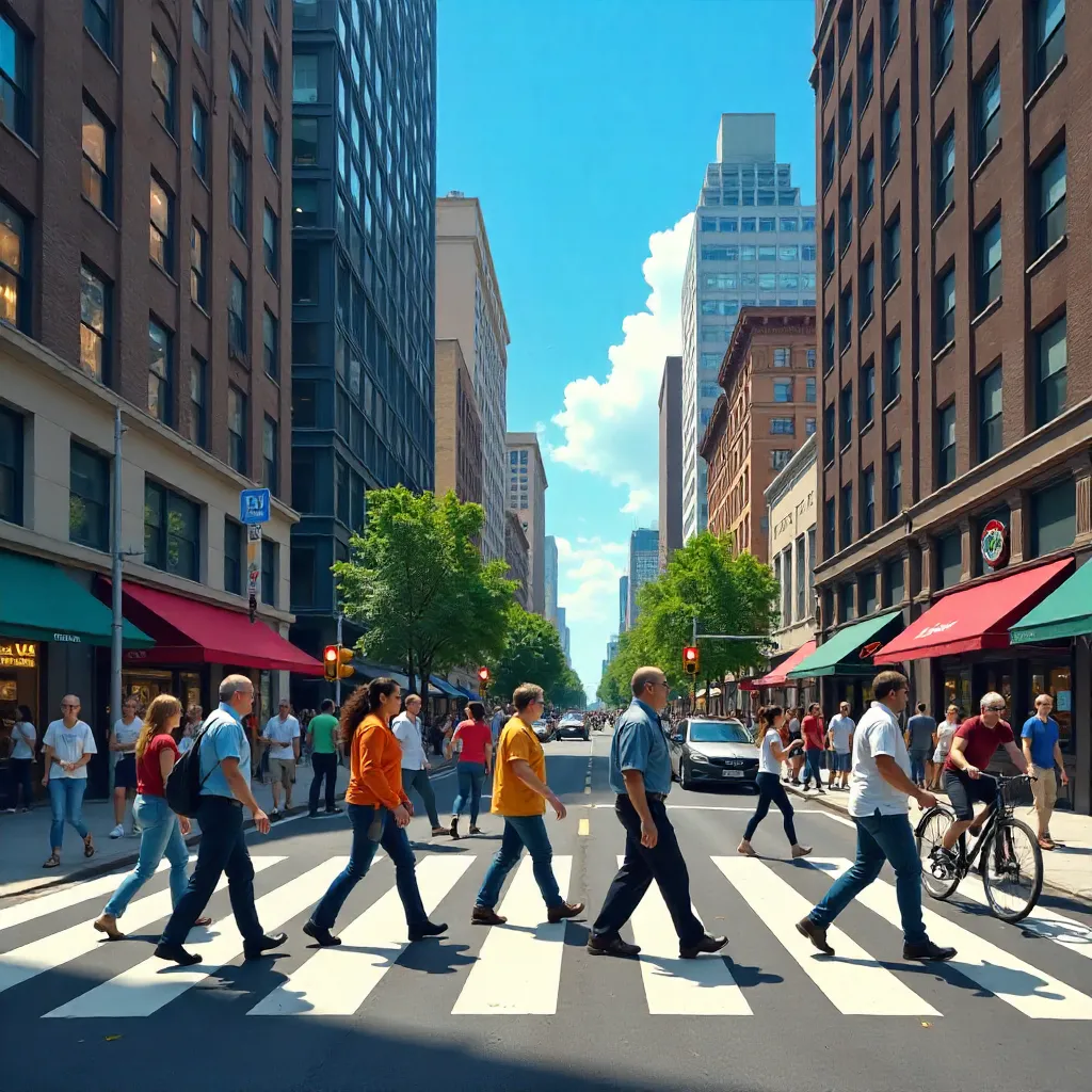 Busy City Crosswalk: Pedestrians and Cyclists