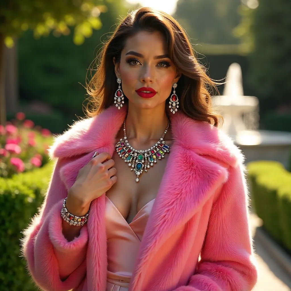 Glamorous Pink Fur Coat with Vibrant Jewelry in Sunlit Garden