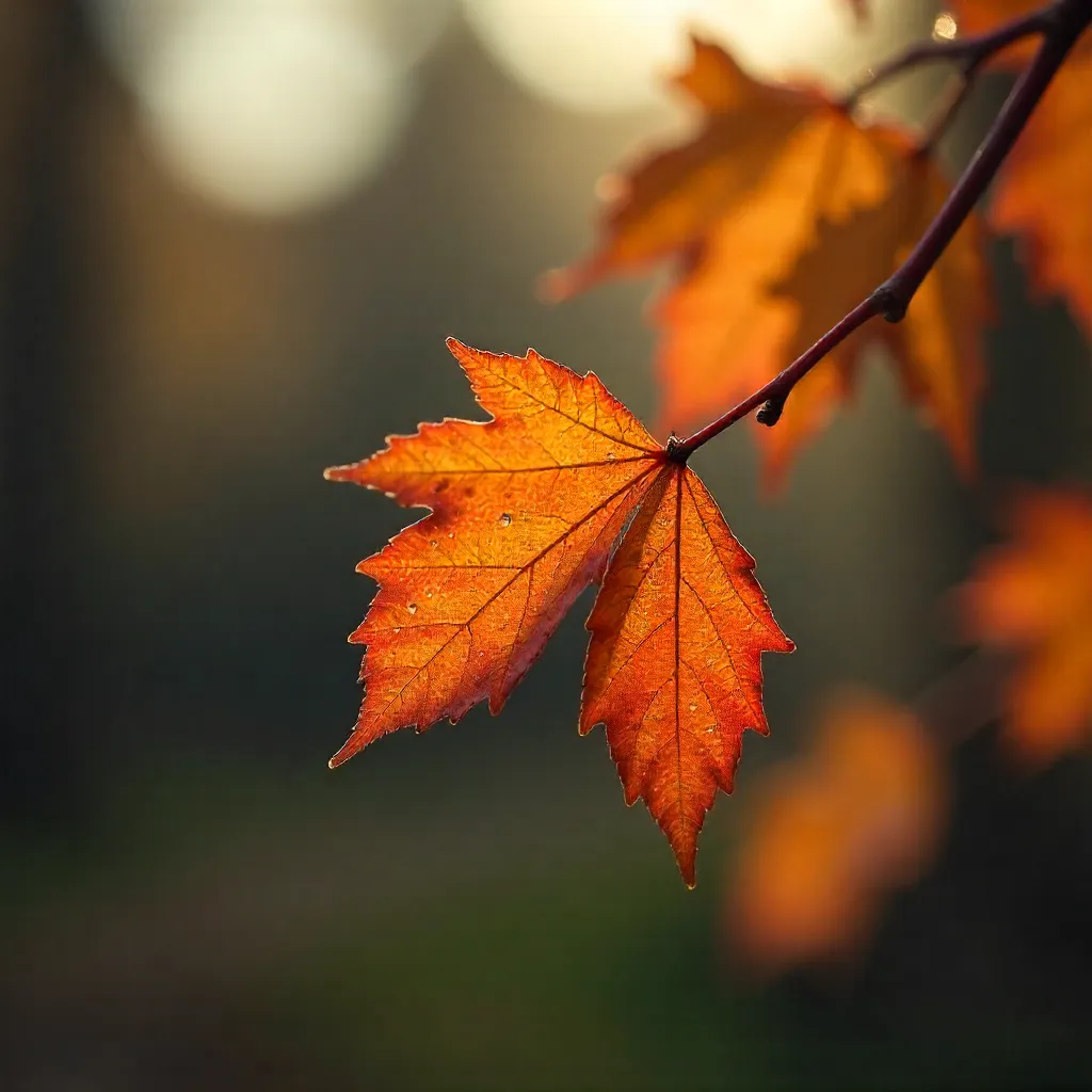 Close-Up Orange Autumn Leaves in Serene Fall Light