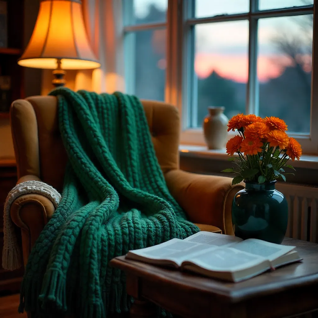 Dusk Cozy: Green Scarf, Marigolds & Magazine