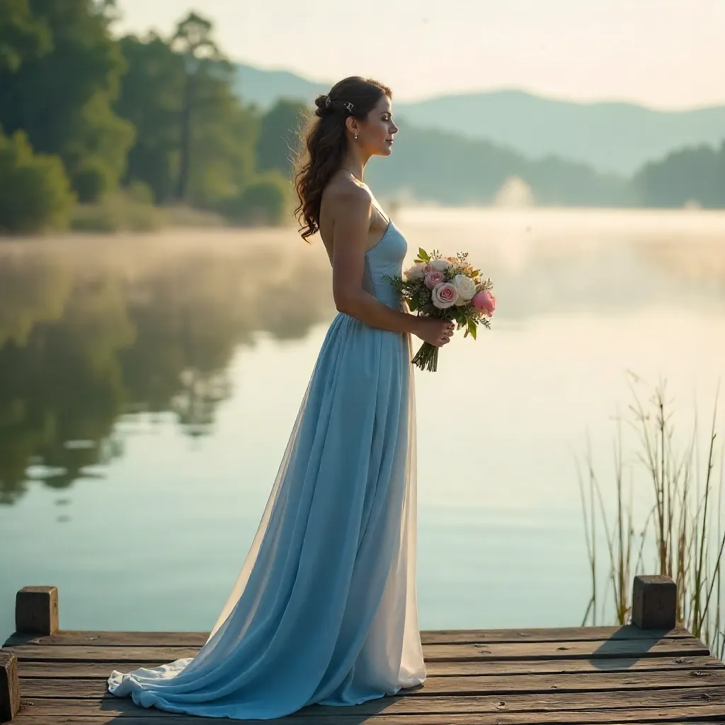 Elegant Woman on a Pier with Blue Dress and Flowers