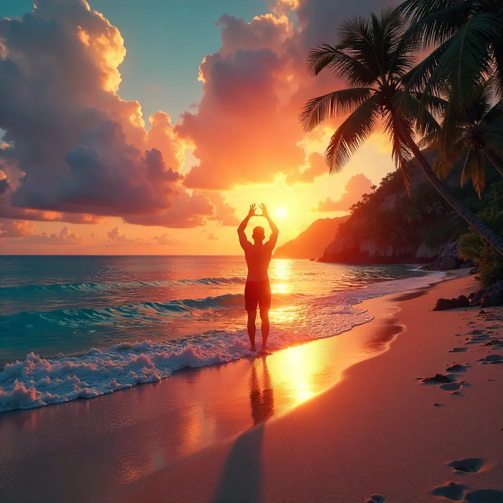 Silhouette Cradling the Sunset on a Tropical Beach