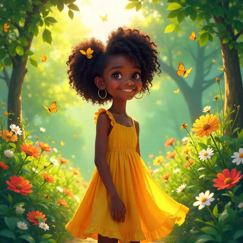 Cheerful Black Girl in a Lush Garden - Concept Art