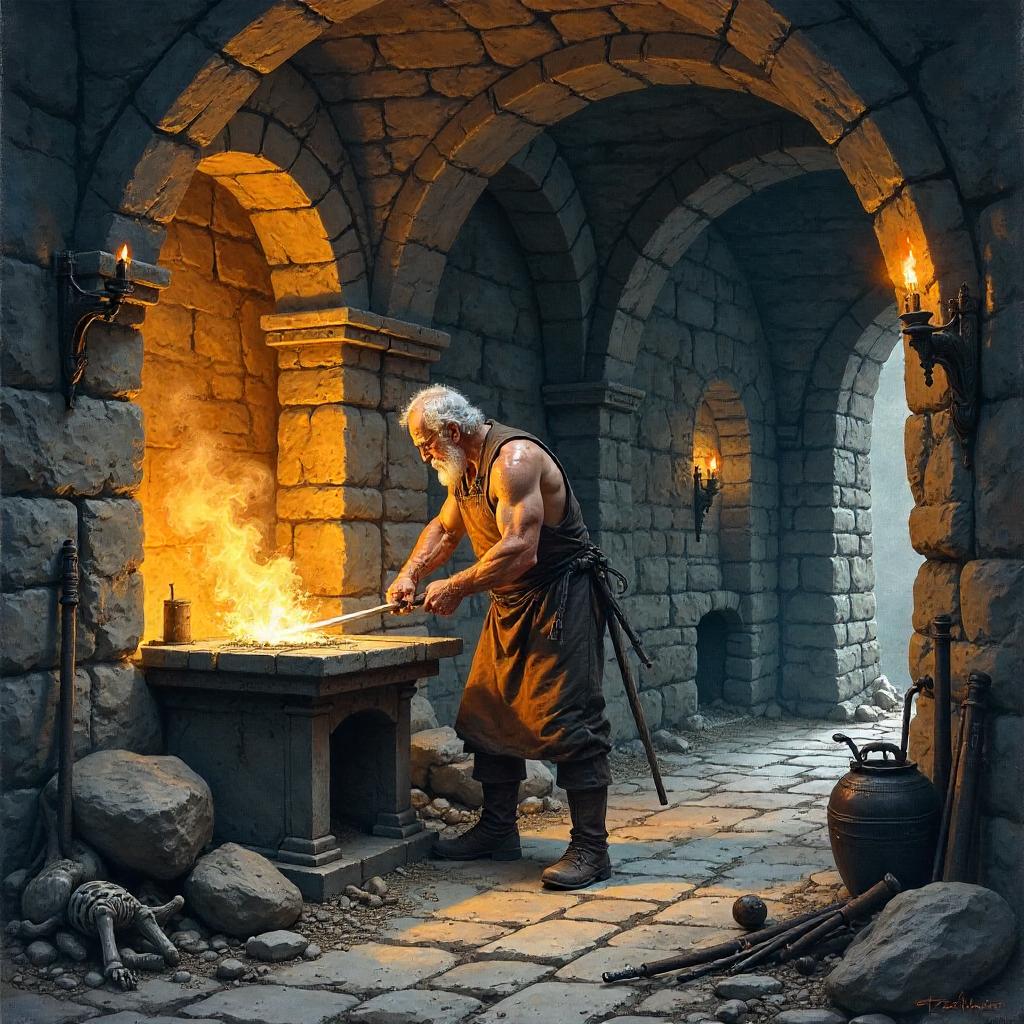 Watercolor Blacksmith in the Catacombs