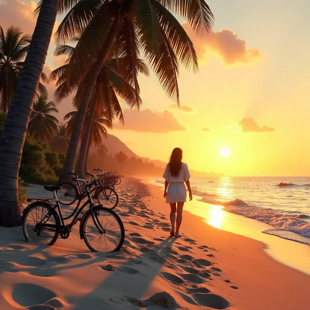Sunset Stroll on a Palm-Lined Beach with Bicycles