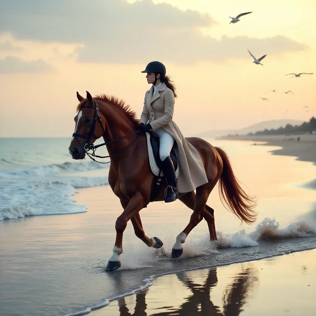Serene Dawn Beach Ride: Woman on Horse