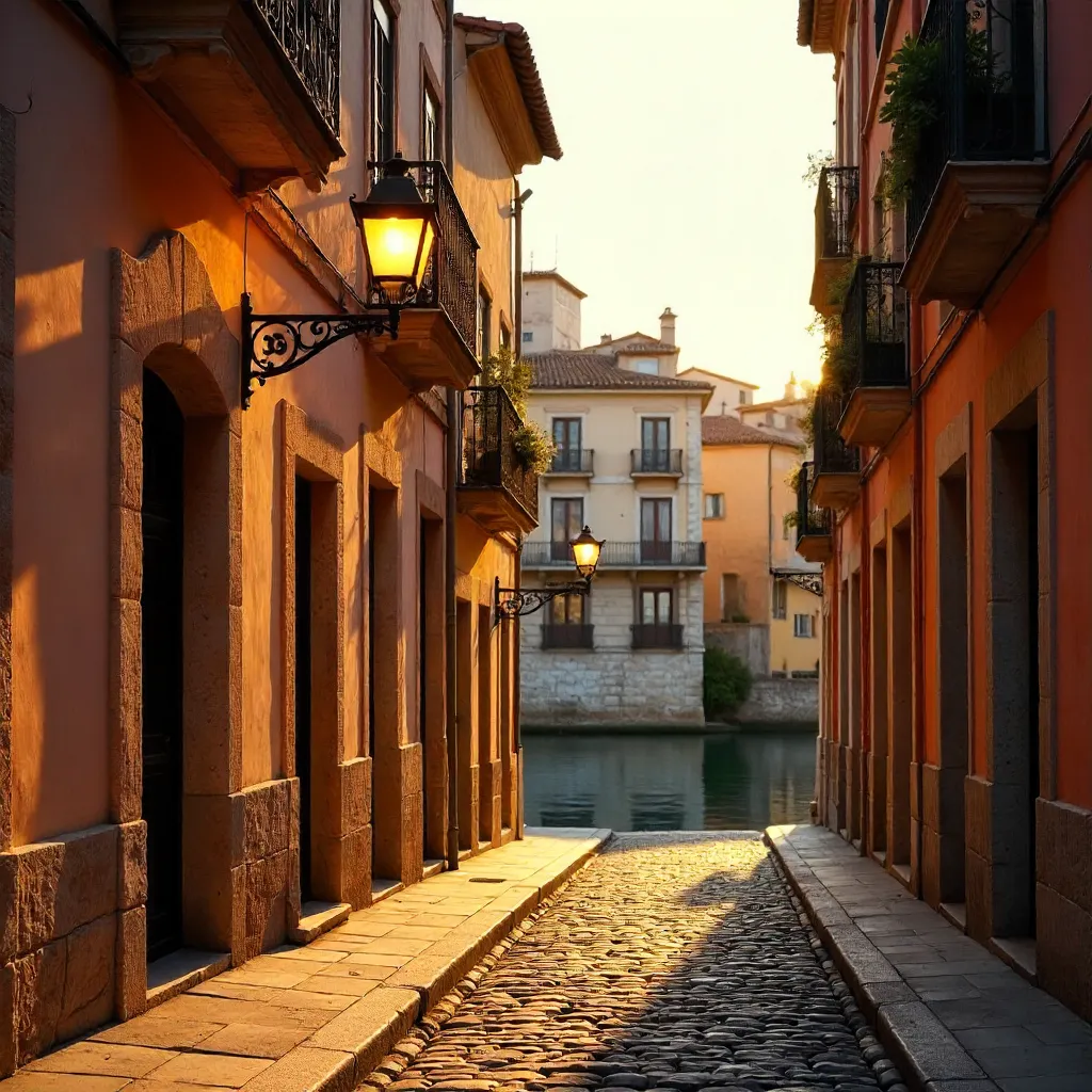 Golden Hour Facades of Girona with Vintage Lamps