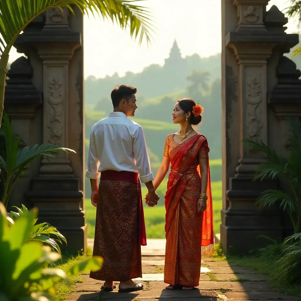 Balinese Couple in Traditional Attire Amid Lush Landscape
