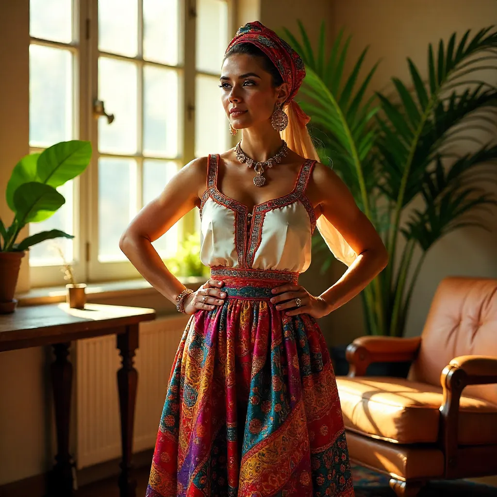 Confident Woman in Colorful Traditional Attire Indoors