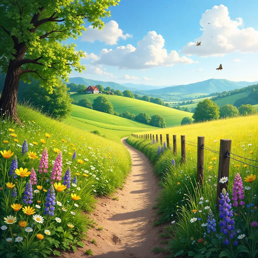 Idyllic Spring Path Through Rolling Meadows