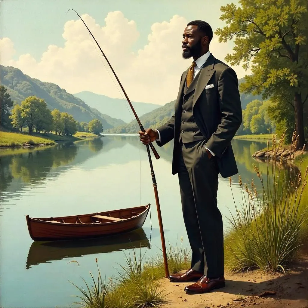 Elegant Black Man at a Quiet Fishing Spot - Oil Painting