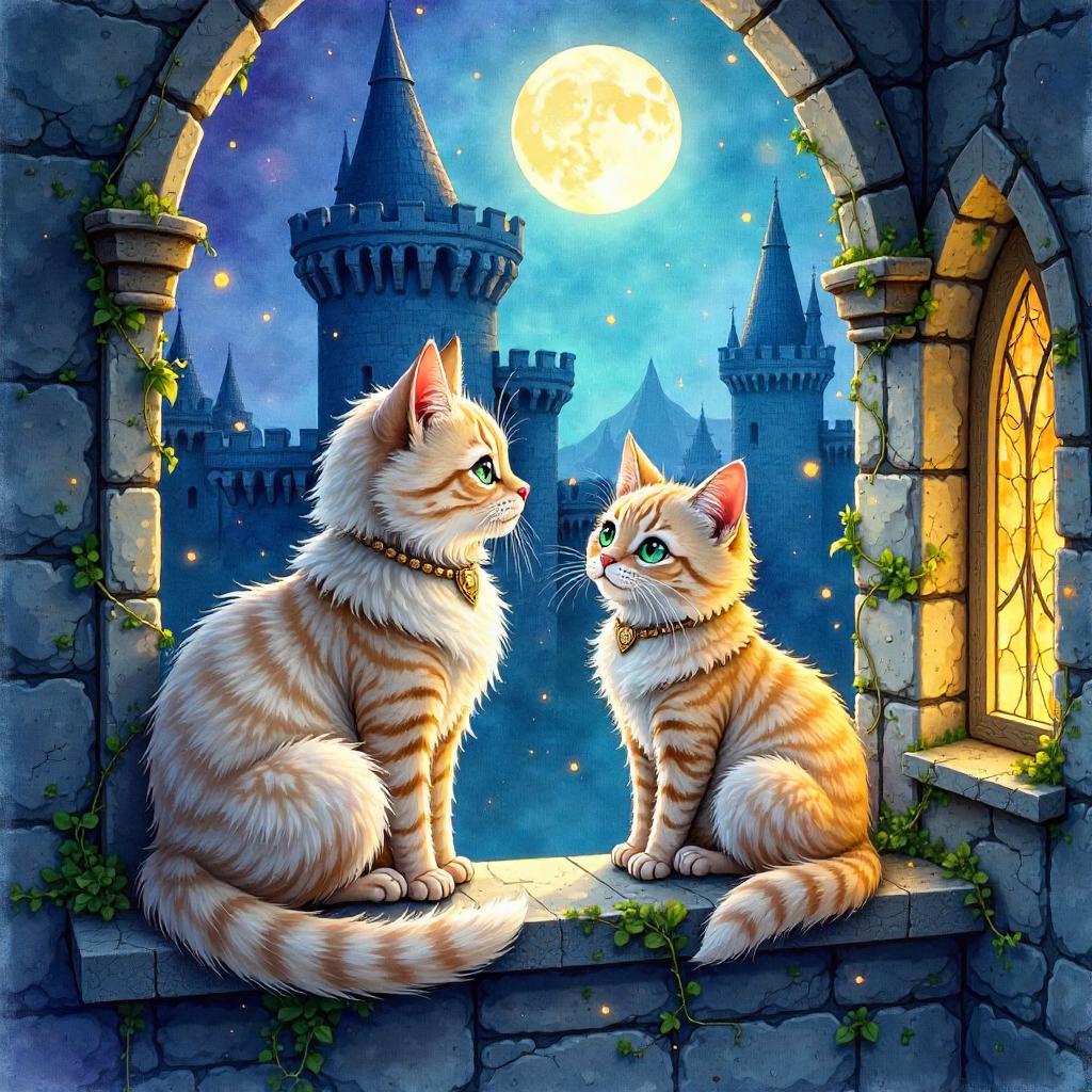 Watercolor Cat in an Enchanted Castle