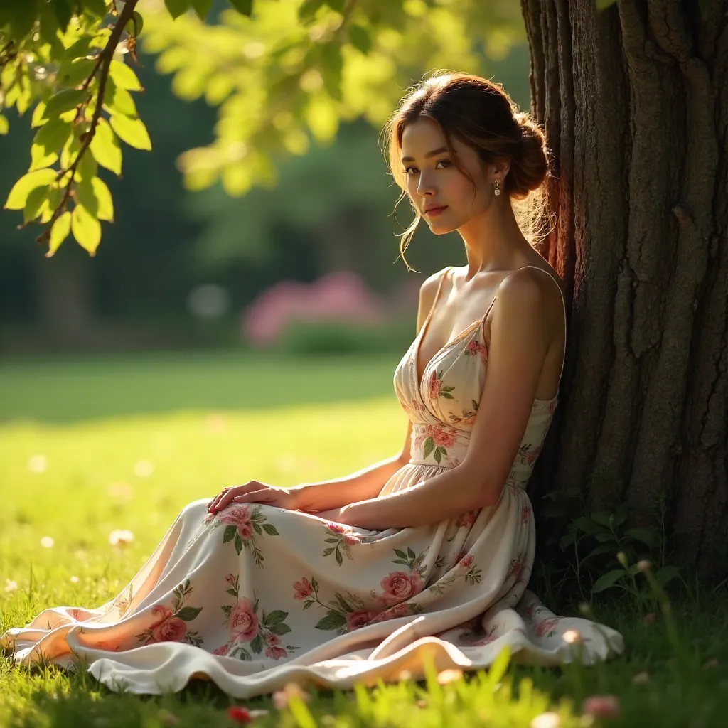 Graceful Floral Gown Beneath a Sunlit Tree