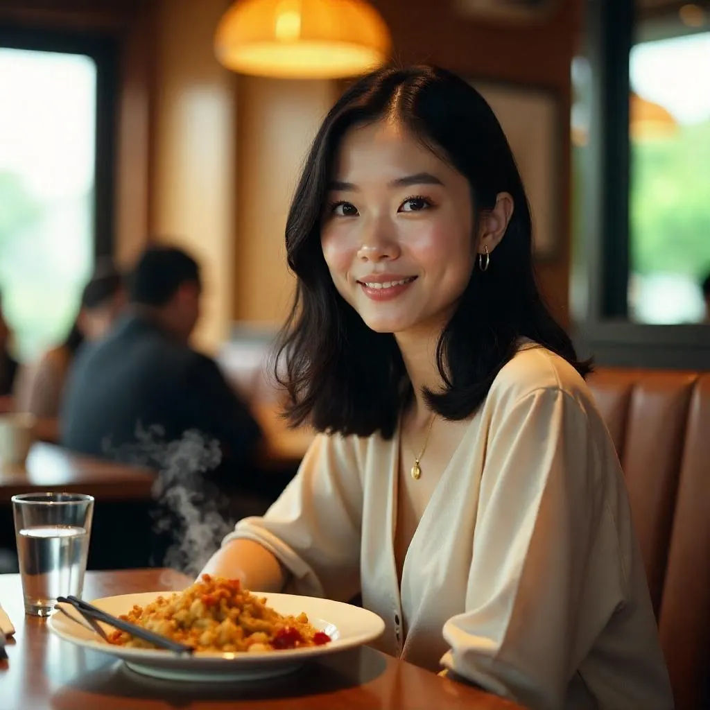 Photorealistic Portrait of a Young Asian Woman in a Restaurant