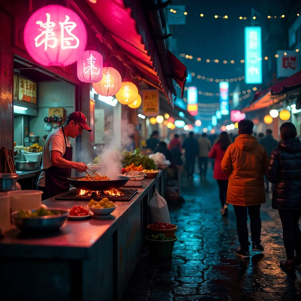Neon Night Market Street Food Stall in Action