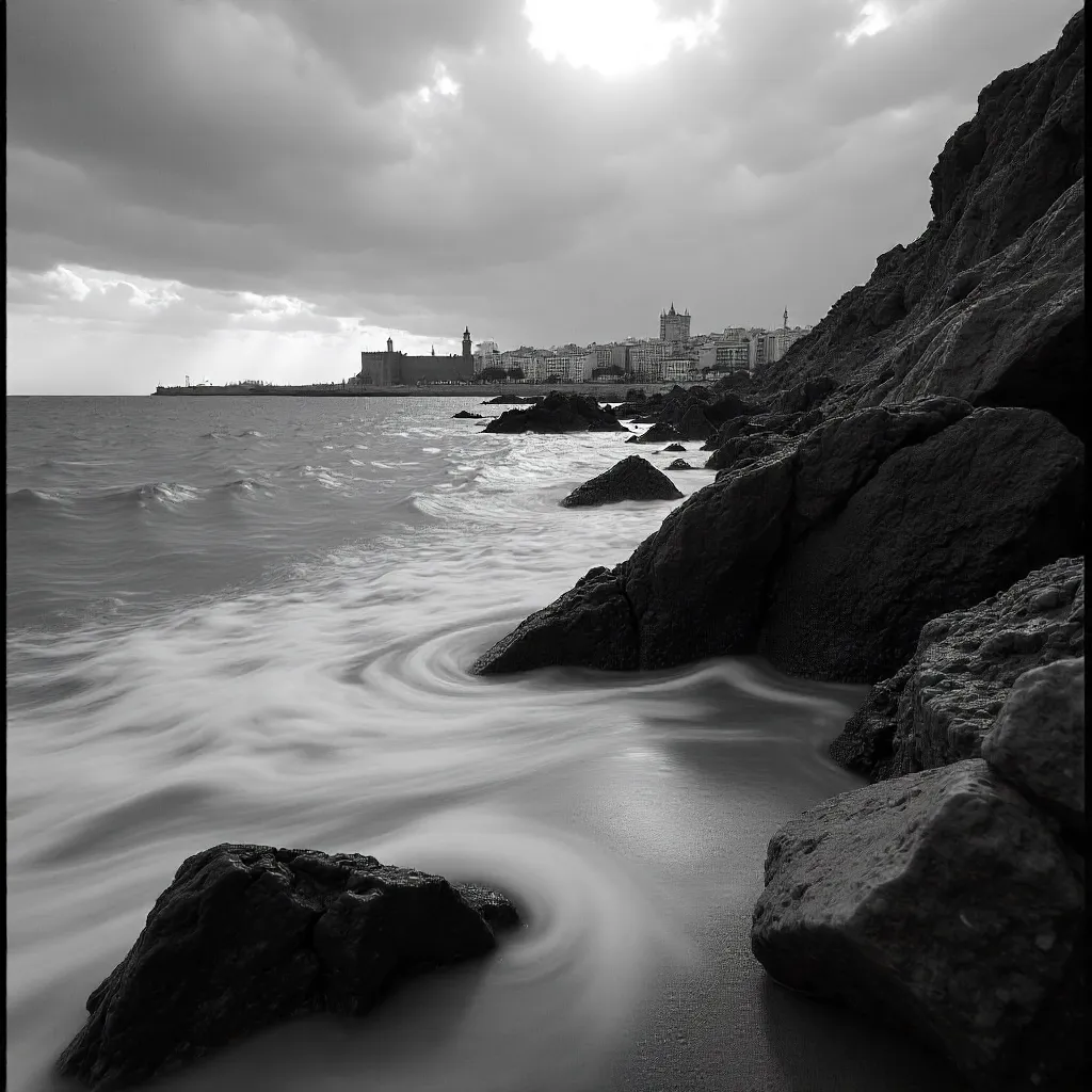 Monochrome Rabat Coastline: Rocks and City Silhouette
