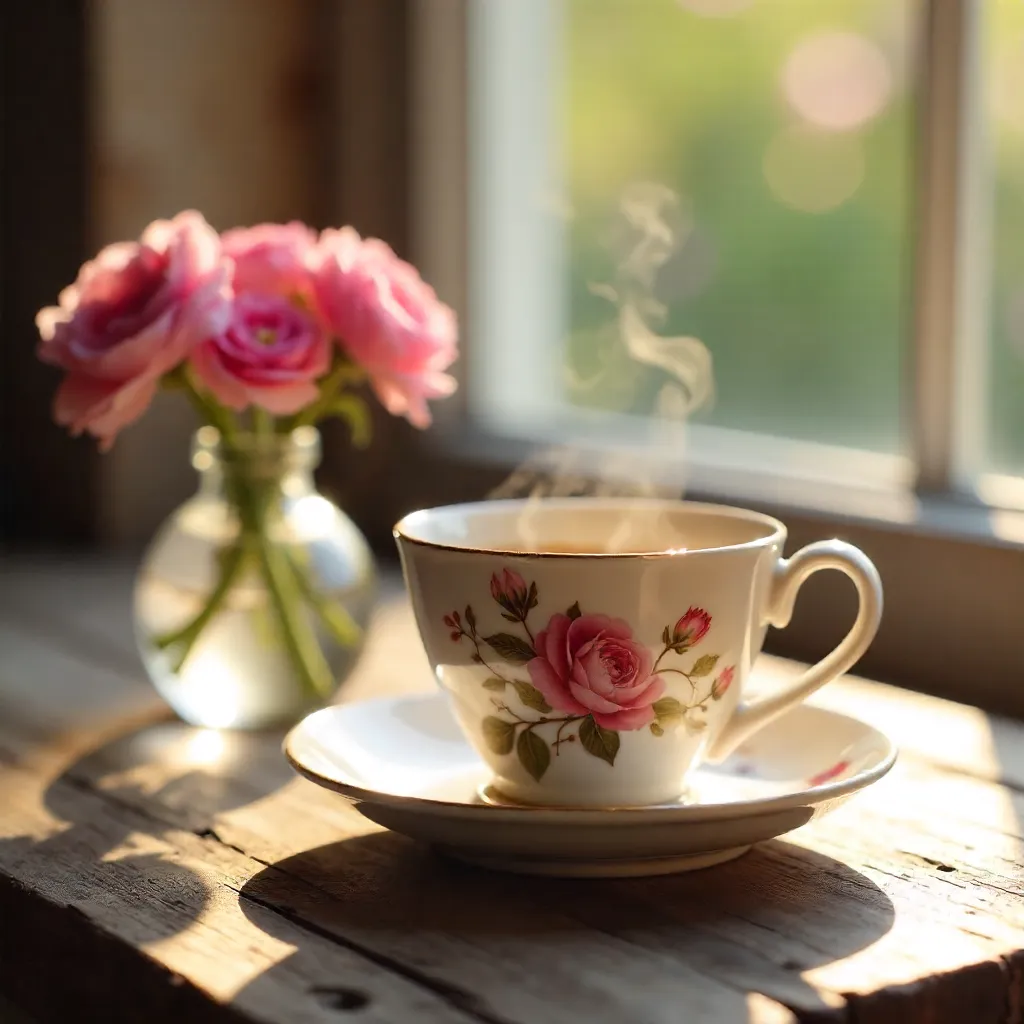 Close-Up Floral Coffee Cup with Pink Flowers in Vase