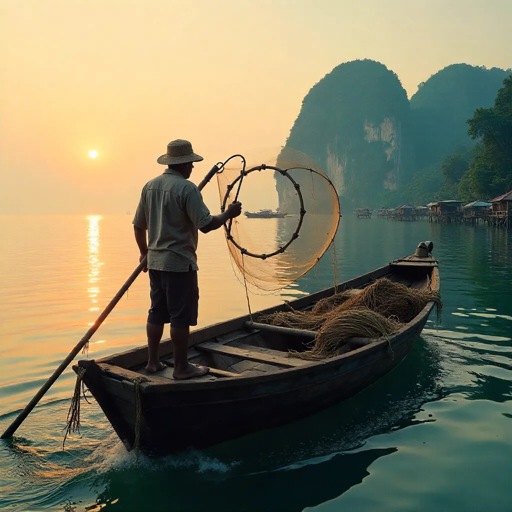 Traditional Central Java Fisherman at Dawn
