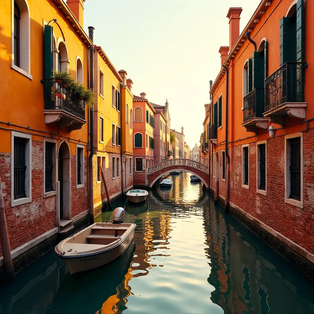 Sunlit Venice Canal with Orange and Yellow Facades and a Moored Boat