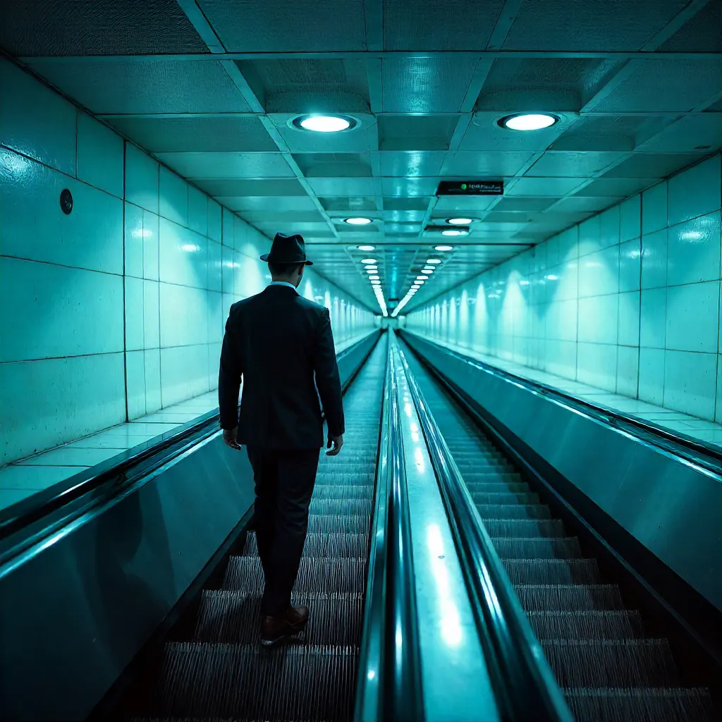 Geometric Subways: Hat-Clad Man on Escalator