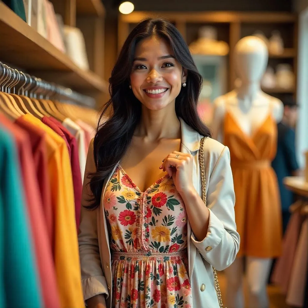 Cheerful Latina Shopper in a Boutique