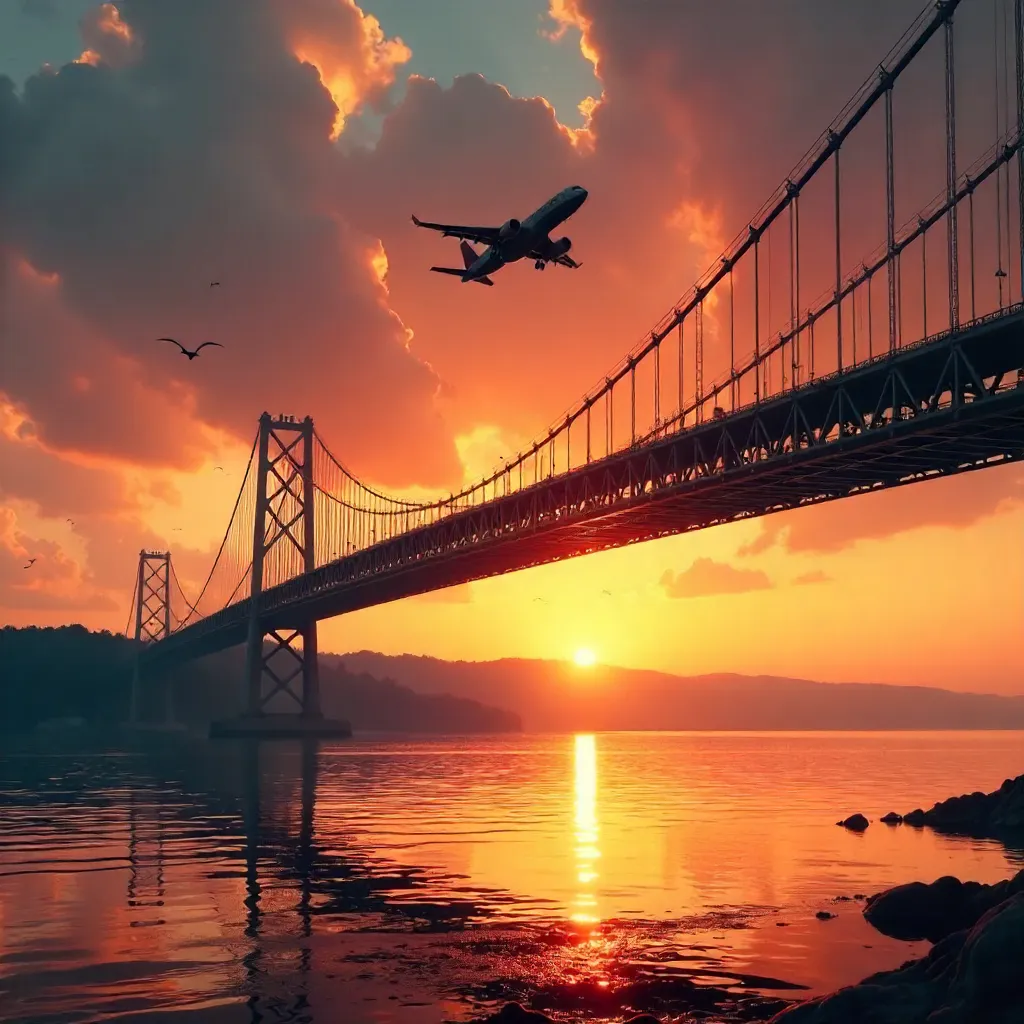 Silhouette of Airplane Over Sunset Bridge