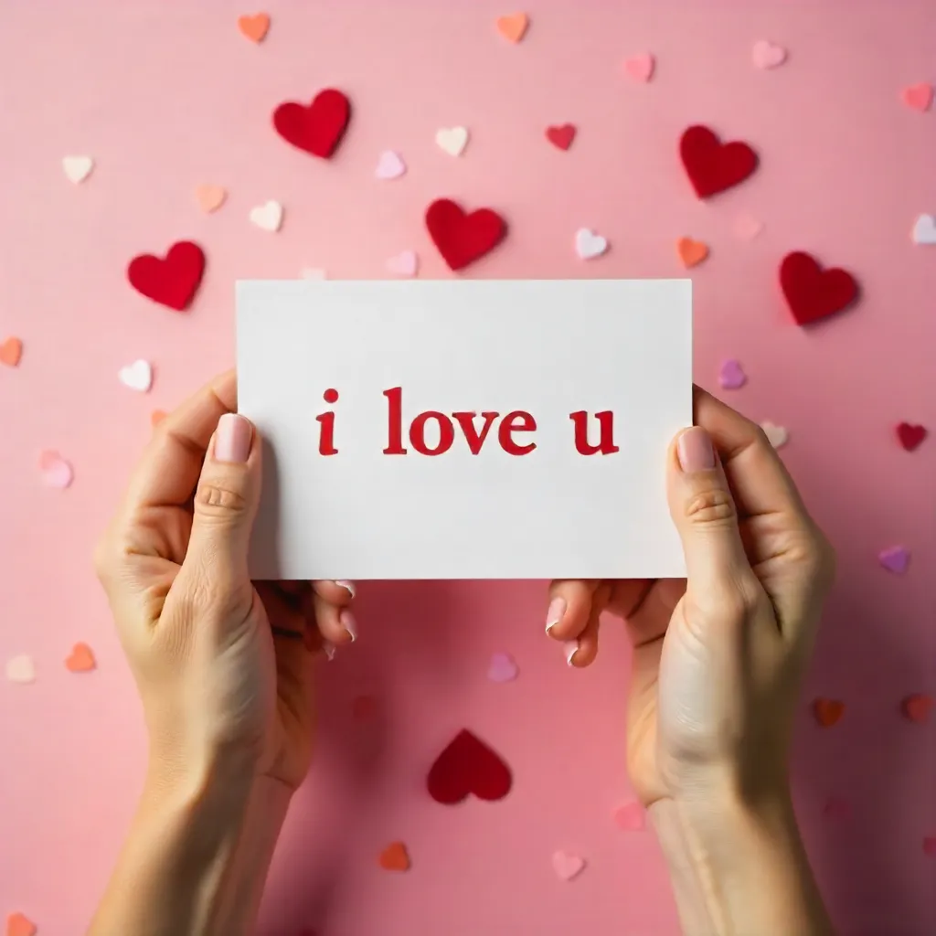Hands Holding I Love U Note on Pink Hearts