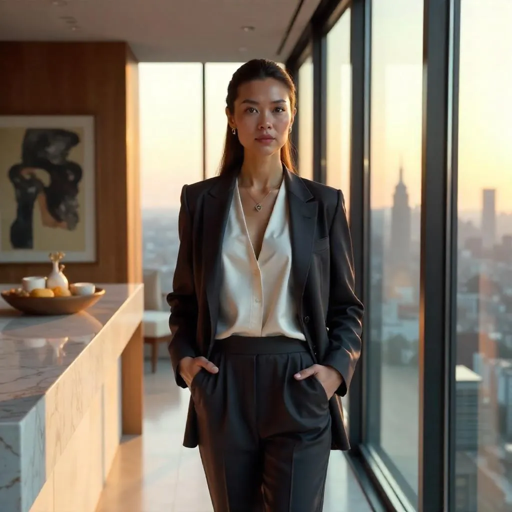 Confident White Woman in a Luxury Penthouse
