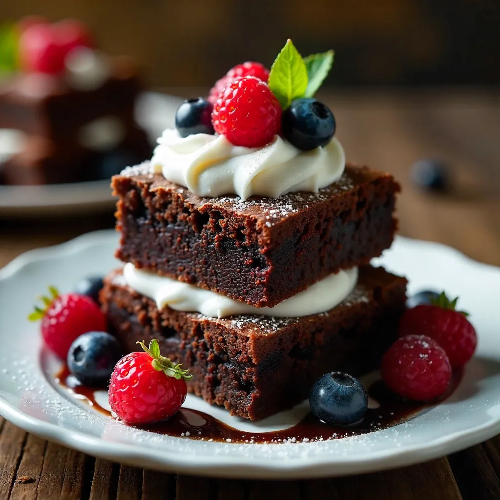 Mouthwatering Chocolate Brownies with Fresh Berries and Whipped Cream