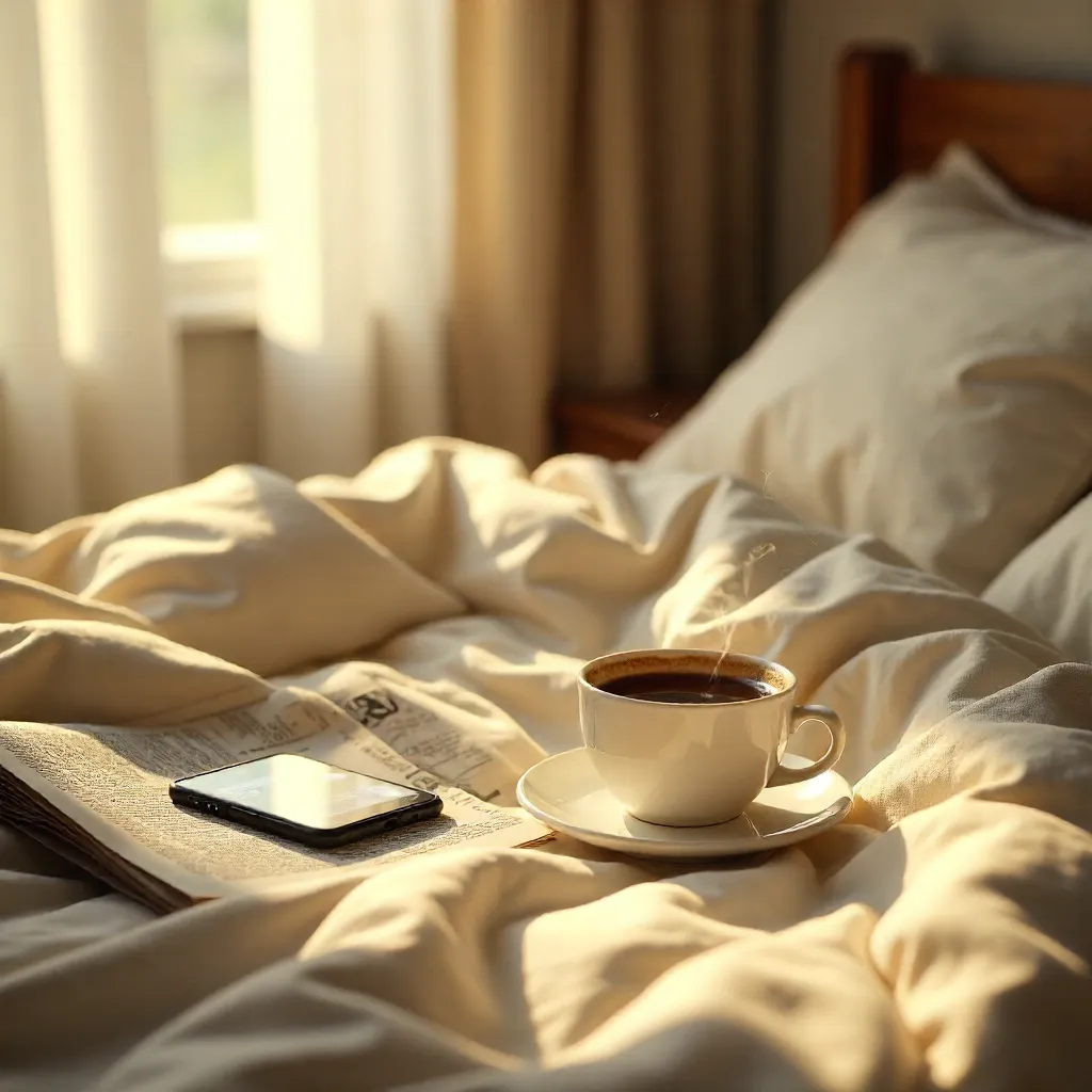 Cozy Morning Coffee on Bed with Phone and Newspaper